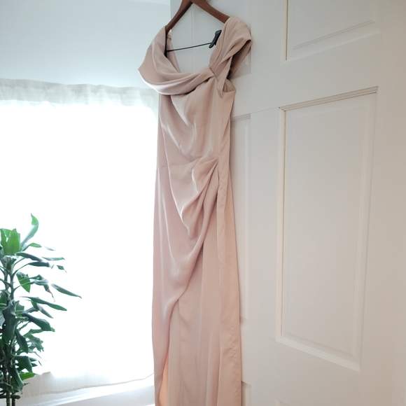 ASOS EDITION satin bardot drape wrap maxi dress in pink, bridesmaid dress - Picture 4 of 4